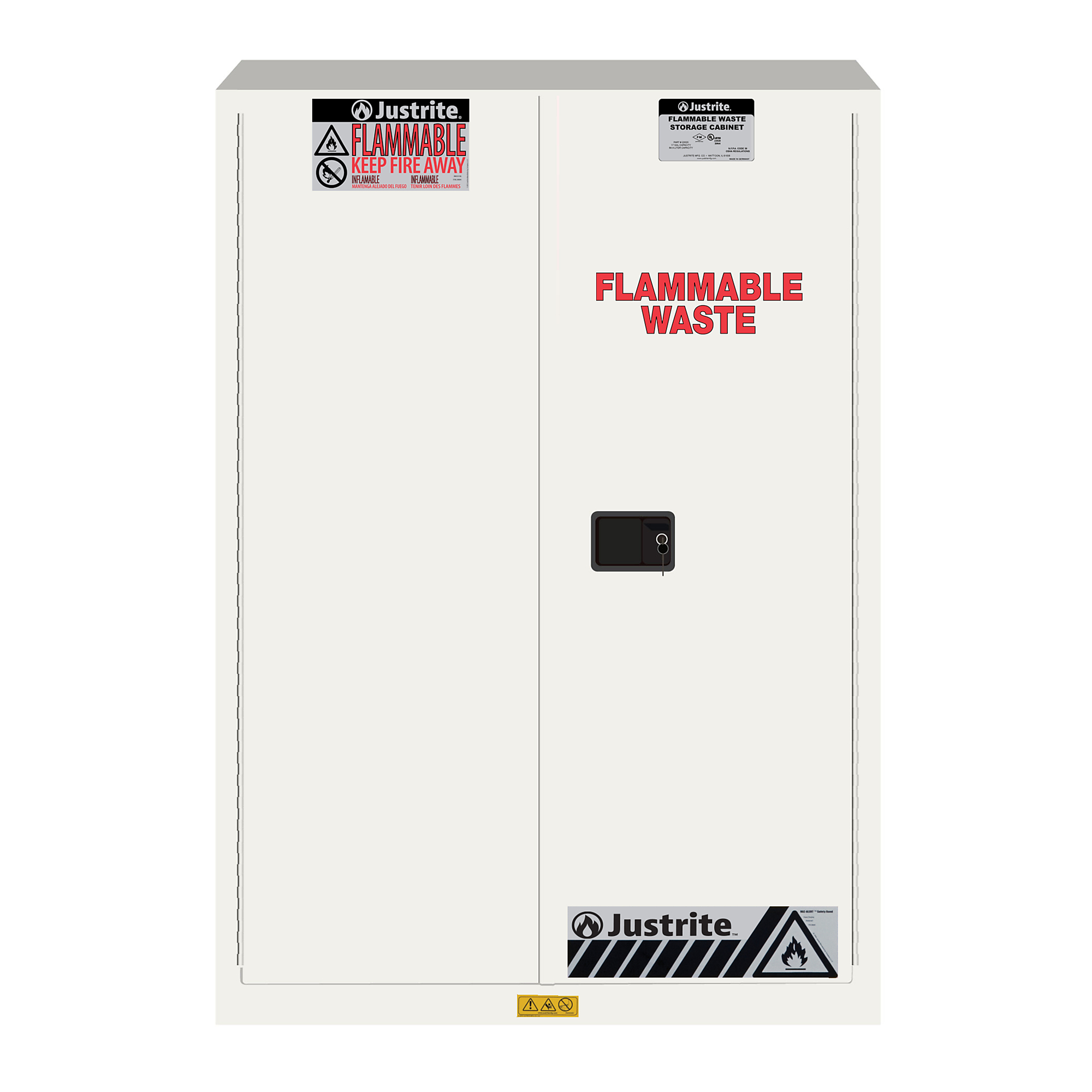 Justrite Sure-Grip EX Flammable Waste Cabinet — 45 Gal., 2 Shelves, 2 Manual-Close Doors, White, Model# 8945053
